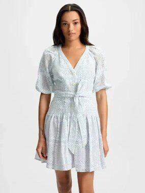 Veronica Beard Bobbie Embroidered Eyelet Puff Sleeve Mini Dress Size 8